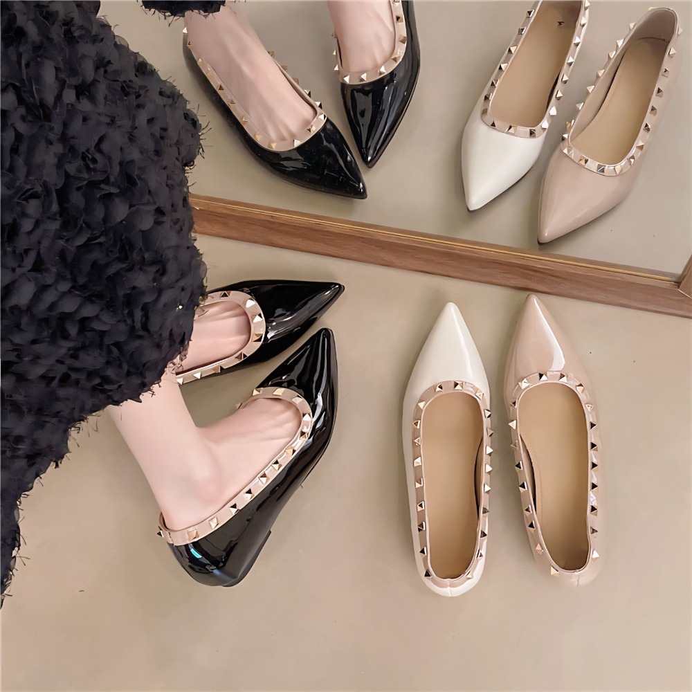 鉚釘漆皮尖頭平底包鞋 平底鞋 娃娃鞋 包鞋 通勤鞋 休閒鞋 樂福鞋 尖頭低跟 OL上班 舒適 尖頭鞋 百搭 2516B-細節圖2