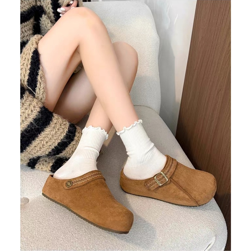 韓國東大門懶人鞋 厚底鞋 麂皮拖鞋 一腳蹬 防滑鞋 韓系拖鞋 毛呢鞋 秋冬拖鞋 外出便鞋 棕色便鞋 復古鞋X798-細節圖4