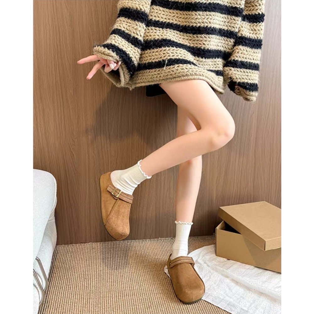 韓國東大門懶人鞋 厚底鞋 麂皮拖鞋 一腳蹬 防滑鞋 韓系拖鞋 毛呢鞋 秋冬拖鞋 外出便鞋 棕色便鞋 復古鞋X798-細節圖5