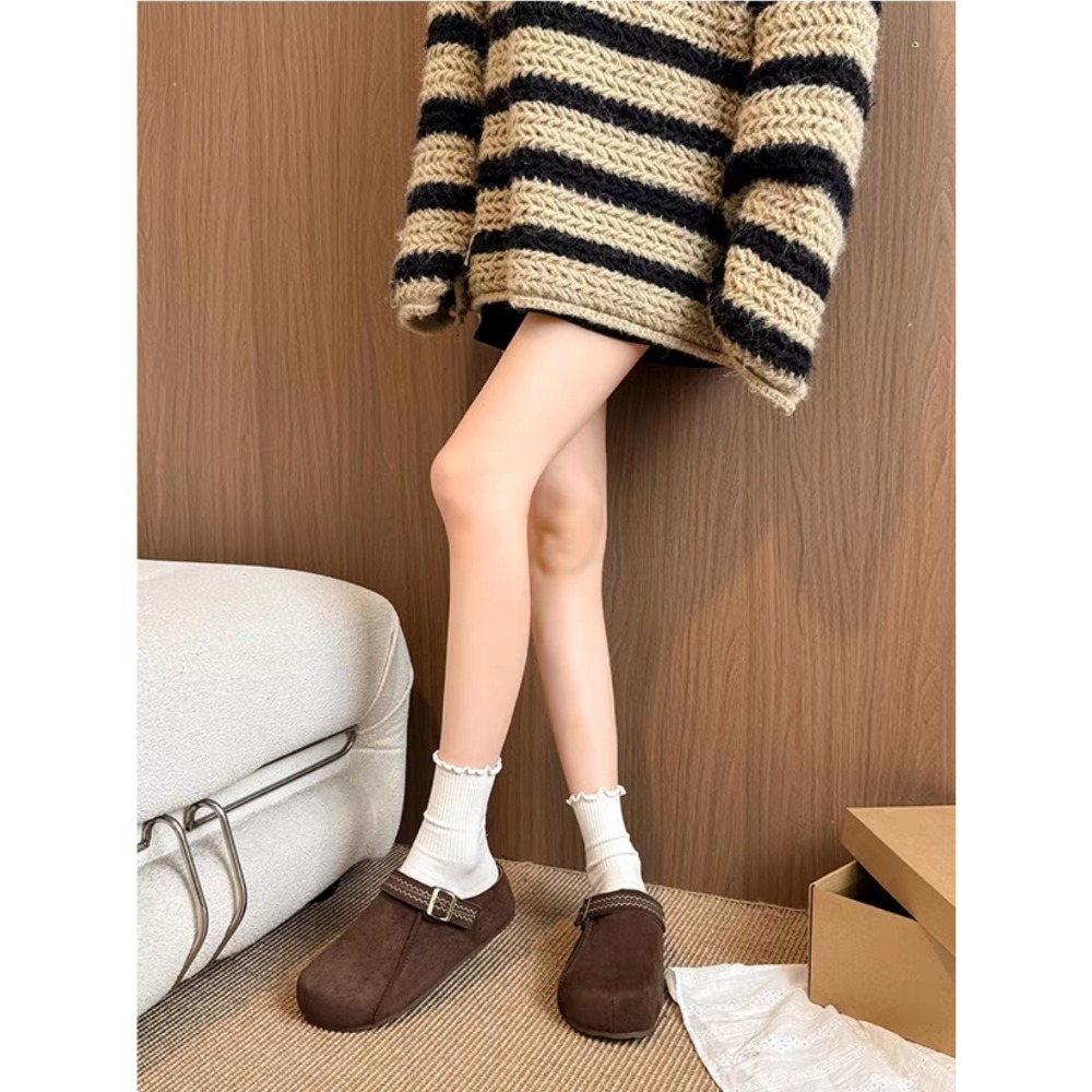 韓國東大門懶人鞋 厚底鞋 麂皮拖鞋 一腳蹬 防滑鞋 韓系拖鞋 毛呢鞋 秋冬拖鞋 外出便鞋 棕色便鞋 復古鞋X798-細節圖6