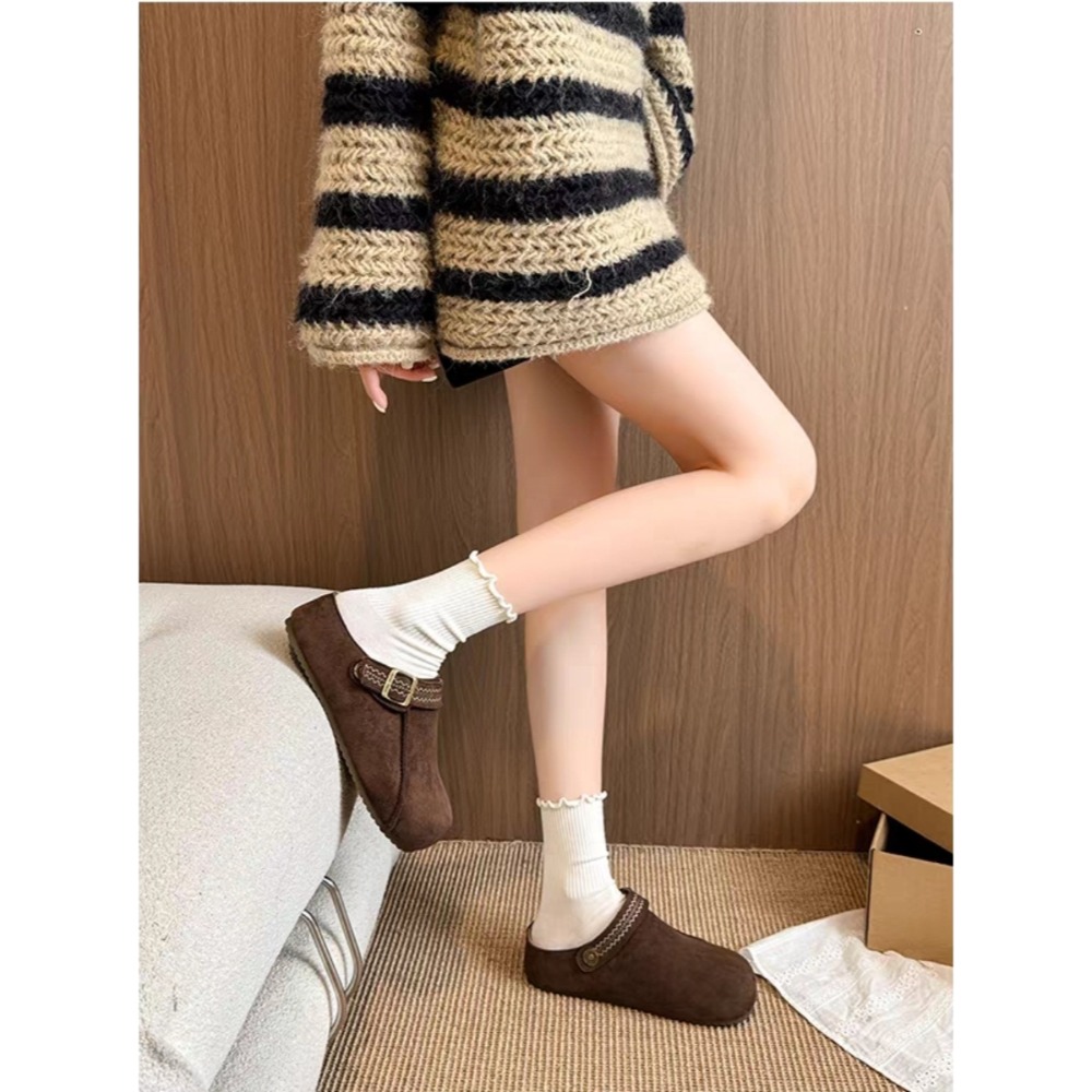 韓國東大門懶人鞋 厚底鞋 麂皮拖鞋 一腳蹬 防滑鞋 韓系拖鞋 毛呢鞋 秋冬拖鞋 外出便鞋 棕色便鞋 復古鞋X798-細節圖7