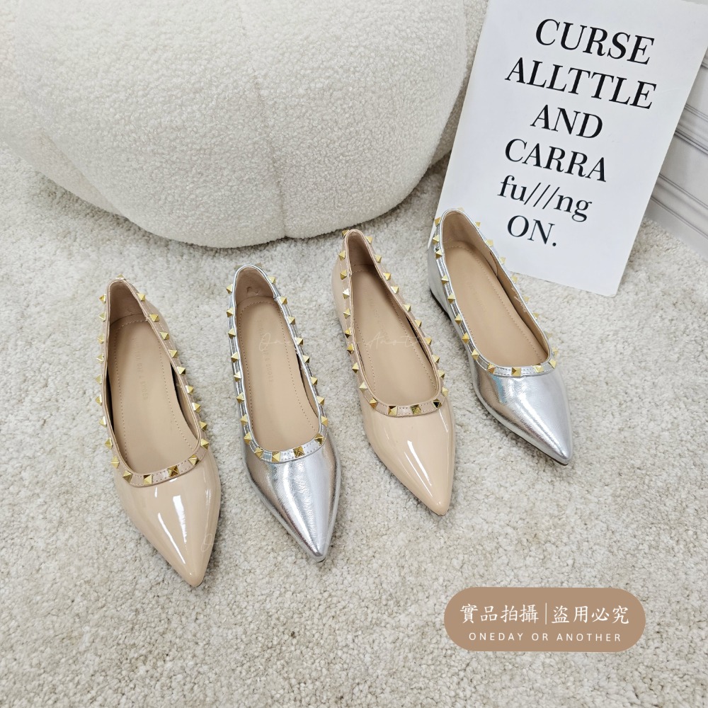 韓國東大門 尖頭平底鞋 鉚釘鞋 亮面尖頭鞋 OL通勤鞋 約會鞋 女鞋 瑪麗珍風格 時尚百搭鞋 上班鞋 低跟尖頭鞋 328-細節圖4