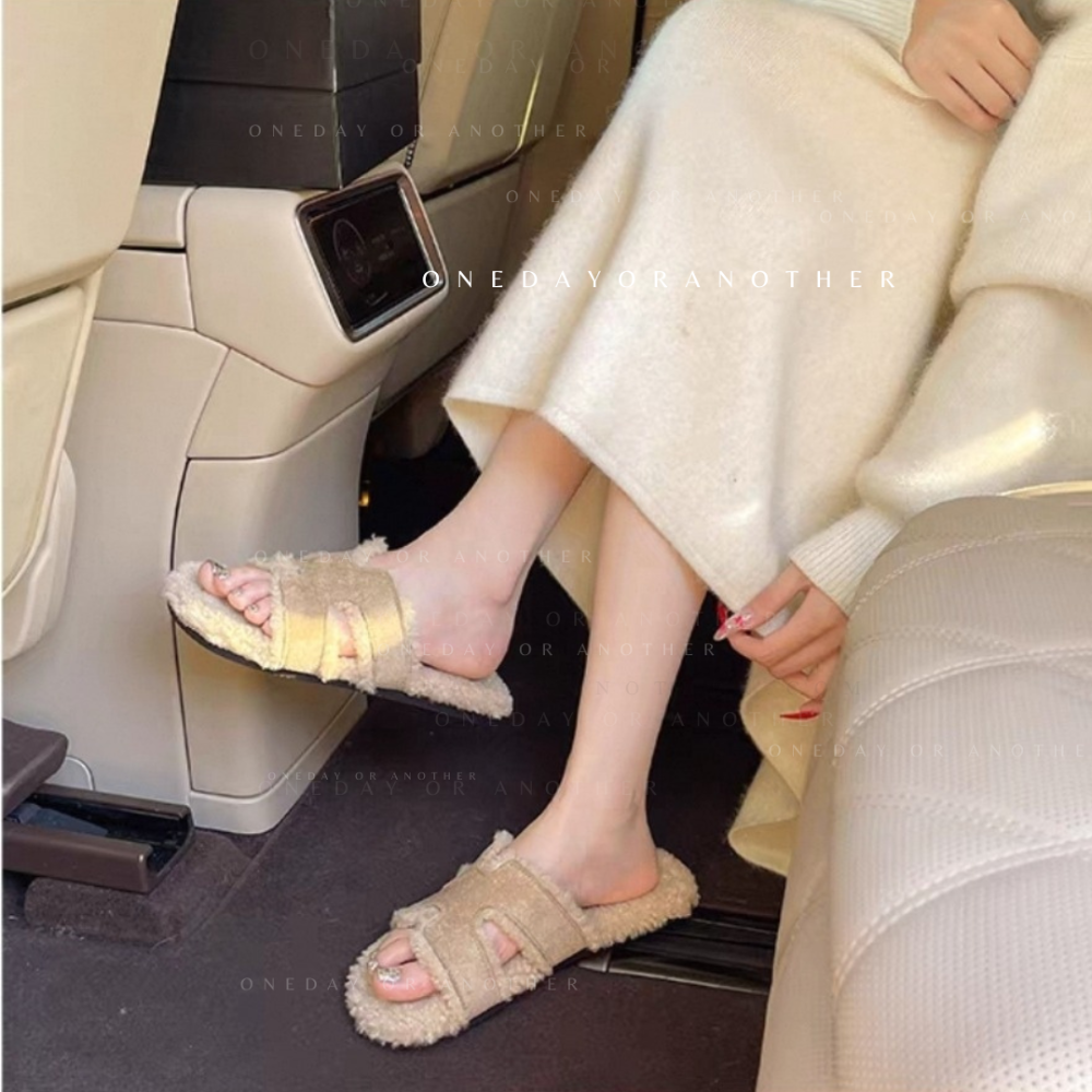 大尺碼42 H字母毛毛拖鞋 內刷毛羊羔毛 保暖拖鞋 毛毛拖鞋 居家拖鞋 外穿拖鞋 厚底拖鞋 室內拖鞋 家居拖鞋 723A-細節圖4