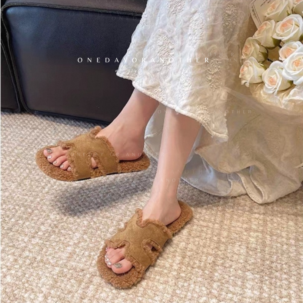 大尺碼42 H字母毛毛拖鞋 內刷毛羊羔毛 保暖拖鞋 毛毛拖鞋 居家拖鞋 外穿拖鞋 厚底拖鞋 室內拖鞋 家居拖鞋 723A-細節圖6