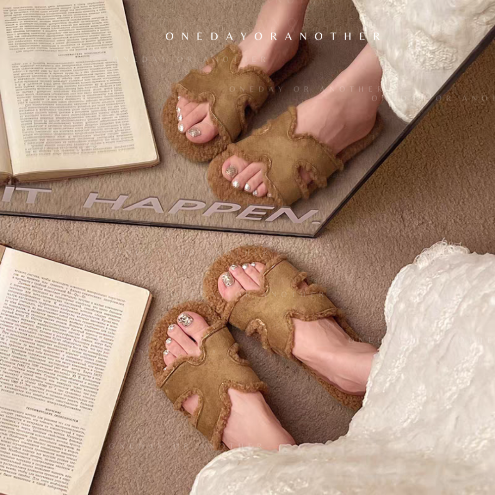 大尺碼42 H字母毛毛拖鞋 內刷毛羊羔毛 保暖拖鞋 毛毛拖鞋 居家拖鞋 外穿拖鞋 厚底拖鞋 室內拖鞋 家居拖鞋 723A-細節圖7