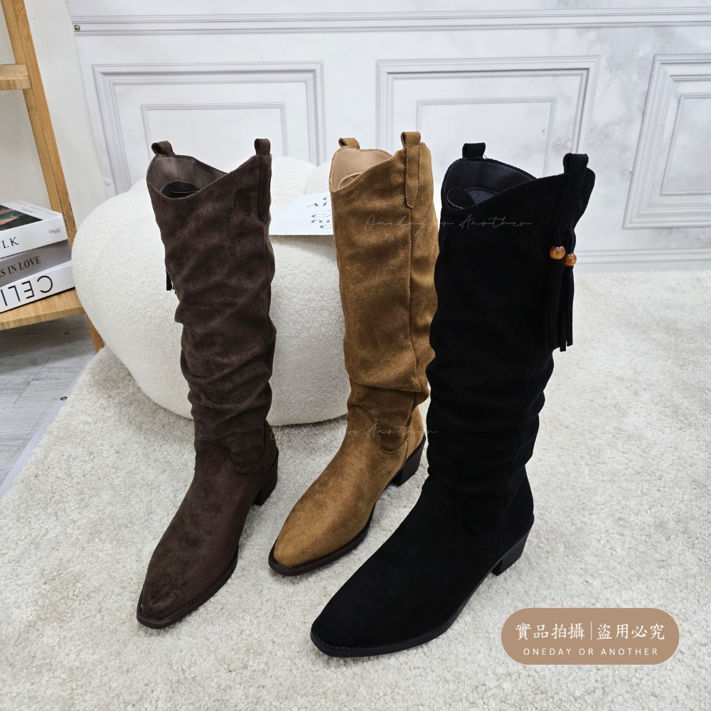 質感V口麂皮側流蘇高跟長靴 中筒靴 圓頭靴 靴子女 女靴 靴子 長靴女 膝下靴 皮靴 高筒靴 粗跟長靴 軟皮 8611-細節圖9