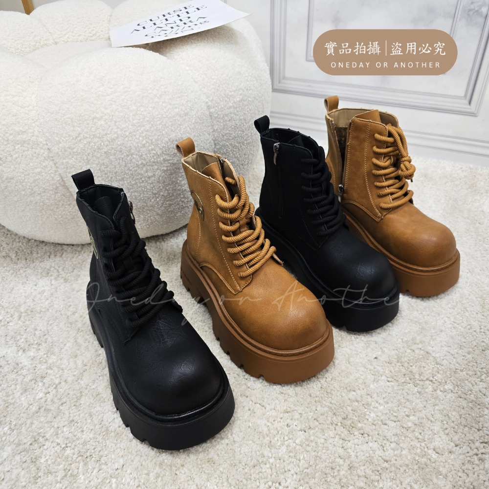 大頭素面側拉鍊綁帶厚底短靴 中筒靴 圓頭靴 踝靴 粗跟 簡約 切爾西靴 小短靴 皮革 皮靴 粗跟短靴 挺版 539-細節圖3