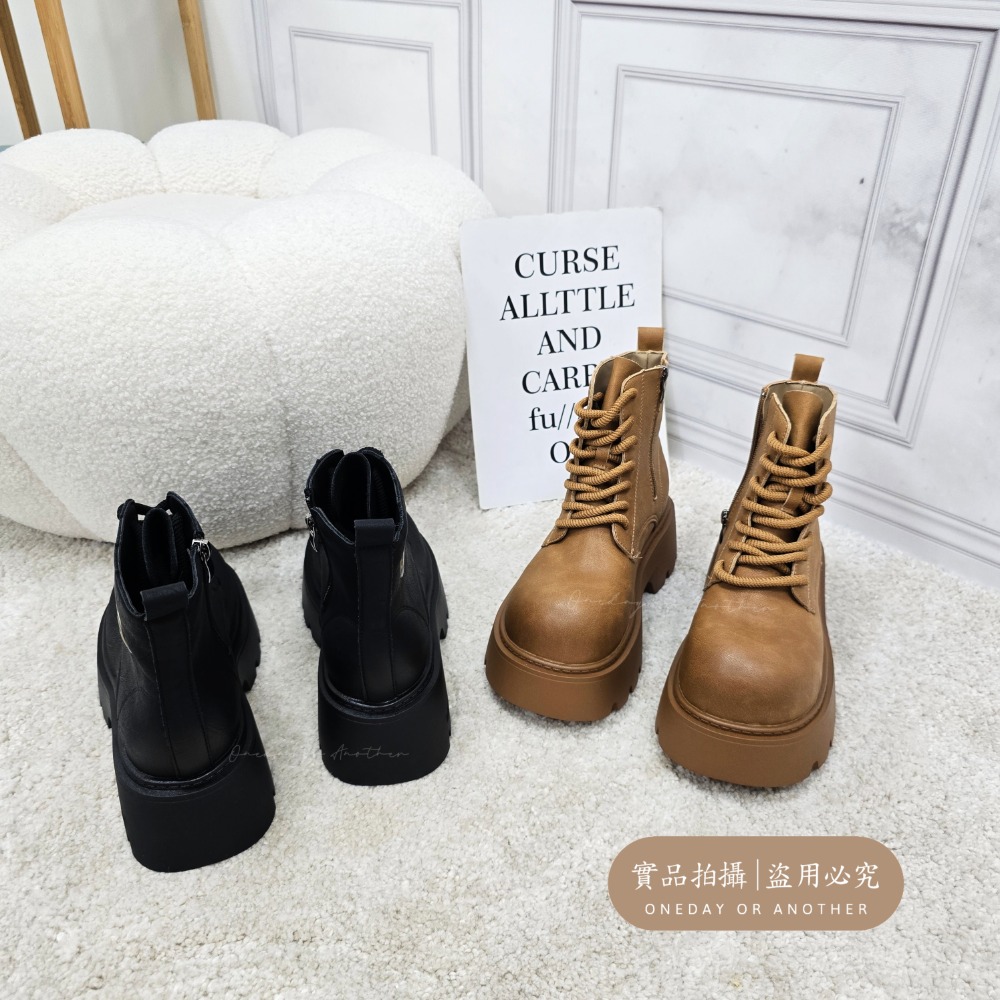 大頭素面側拉鍊綁帶厚底短靴 中筒靴 圓頭靴 踝靴 粗跟 簡約 切爾西靴 小短靴 皮革 皮靴 粗跟短靴 挺版 539-細節圖4