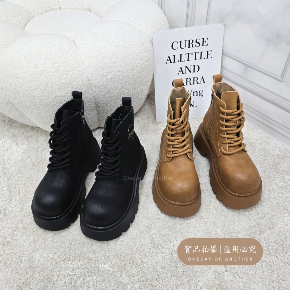 大頭素面側拉鍊綁帶厚底短靴 中筒靴 圓頭靴 踝靴 粗跟 簡約 切爾西靴 小短靴 皮革 皮靴 粗跟短靴 挺版 539-細節圖5