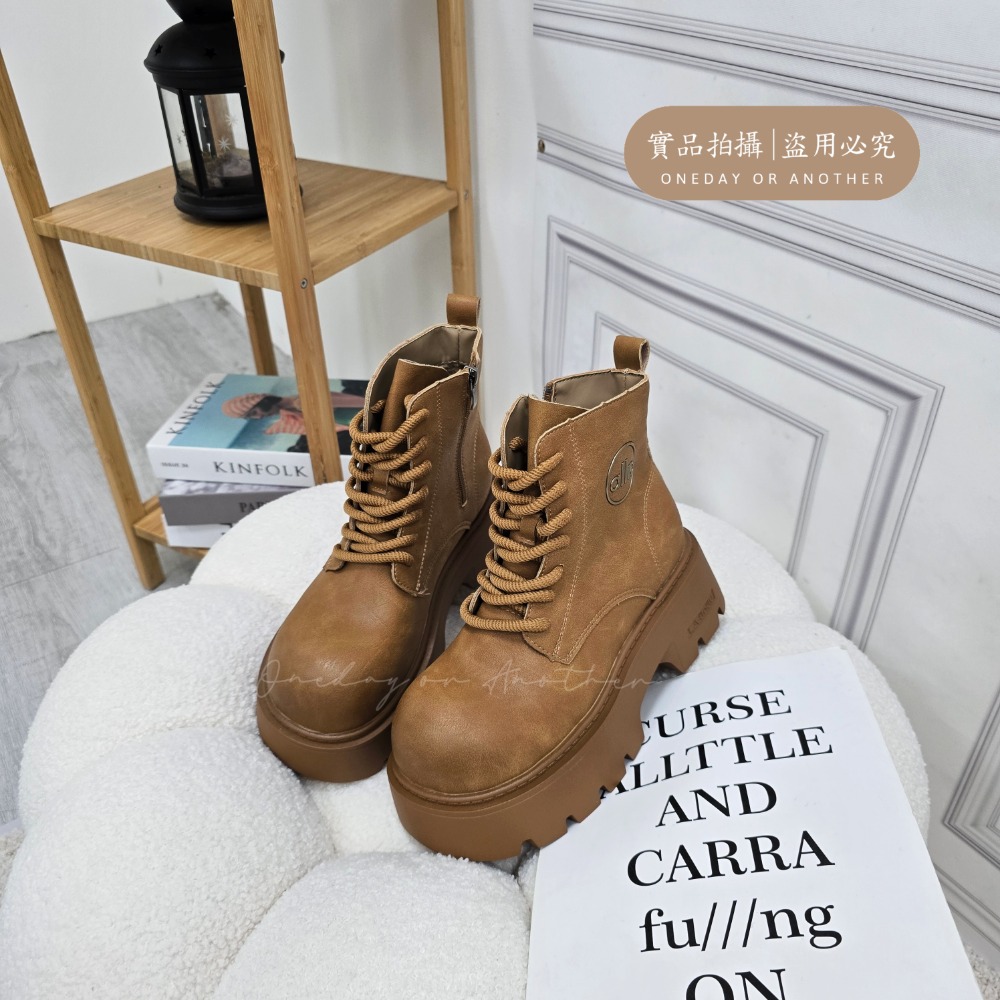 大頭素面側拉鍊綁帶厚底短靴 中筒靴 圓頭靴 踝靴 粗跟 簡約 切爾西靴 小短靴 皮革 皮靴 粗跟短靴 挺版 539-規格圖10