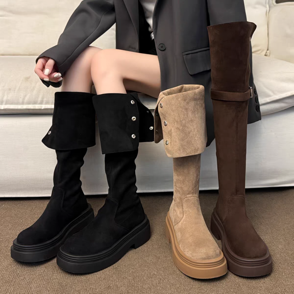 多種穿法🤎絨面側排釦粗跟過膝長靴 厚底長靴 瘦瘦靴 長筒靴 高筒 增高 厚底 顯瘦 騎士靴 長靴 膝下靴 G9201-細節圖3