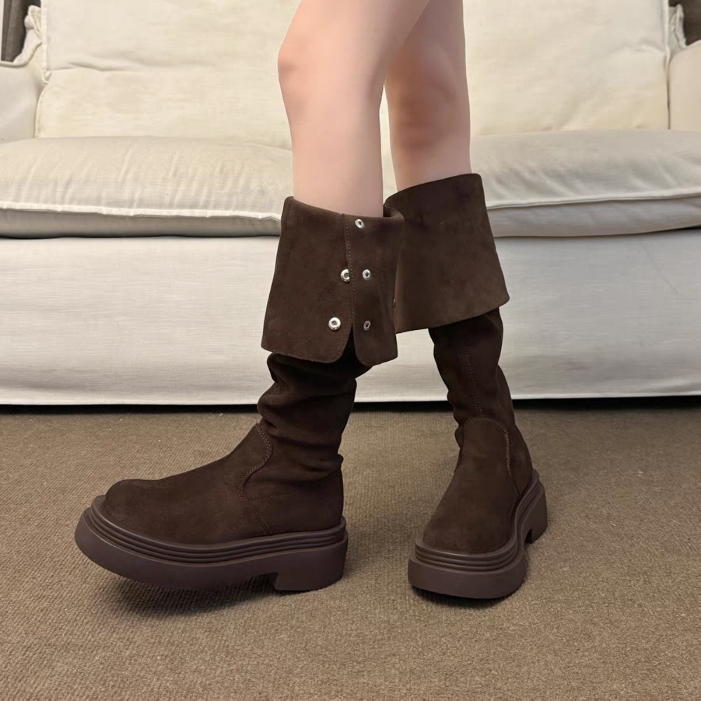 多種穿法🤎絨面側排釦粗跟過膝長靴 厚底長靴 瘦瘦靴 長筒靴 高筒 增高 厚底 顯瘦 騎士靴 長靴 膝下靴 G9201-細節圖7