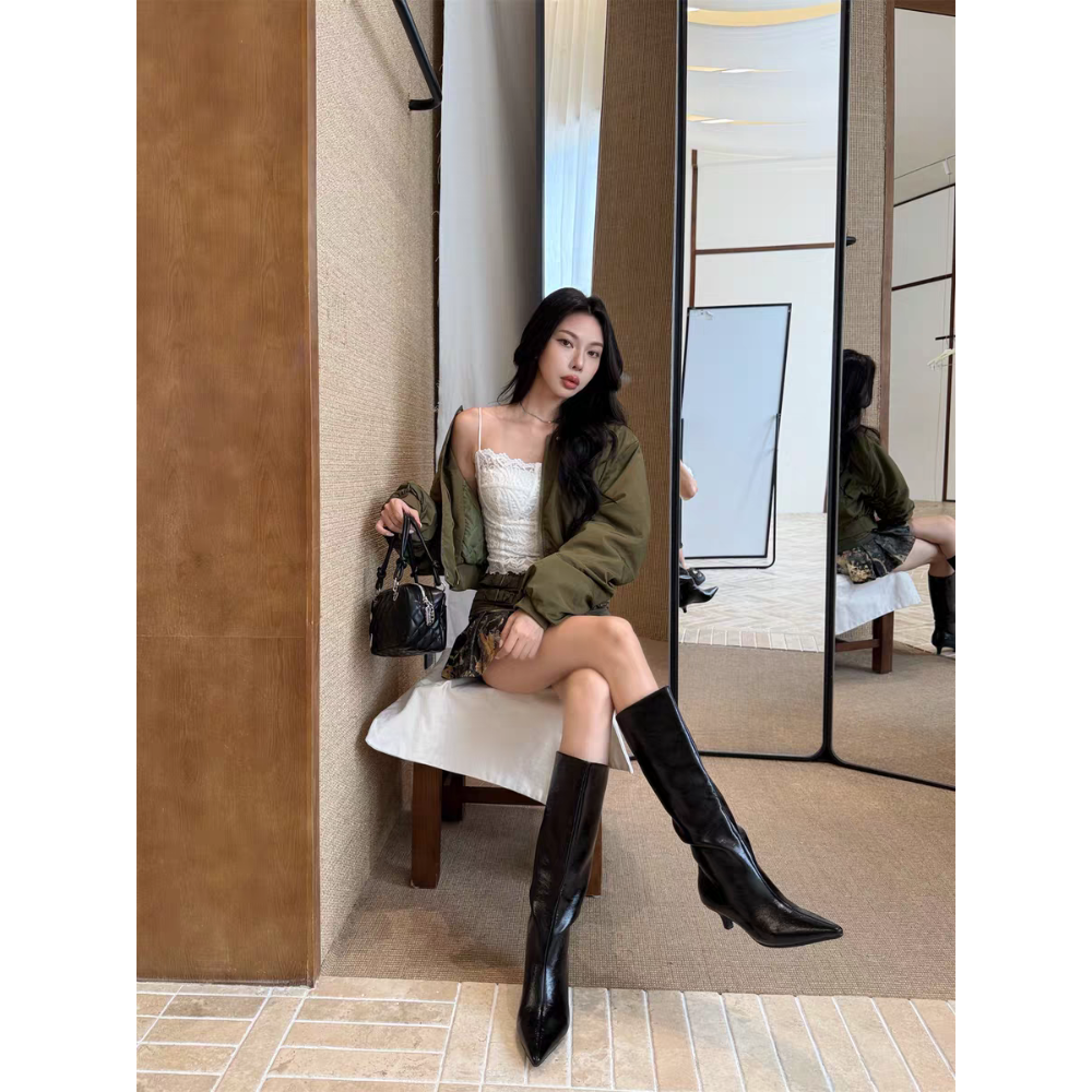 素面復古尖頭高跟靴 長靴 女靴 高筒靴 瘦瘦靴 韓版不及膝長靴 粗跟尖頭靴 騎士靴 高跟高筒靴 膝下靴 G4912-細節圖3