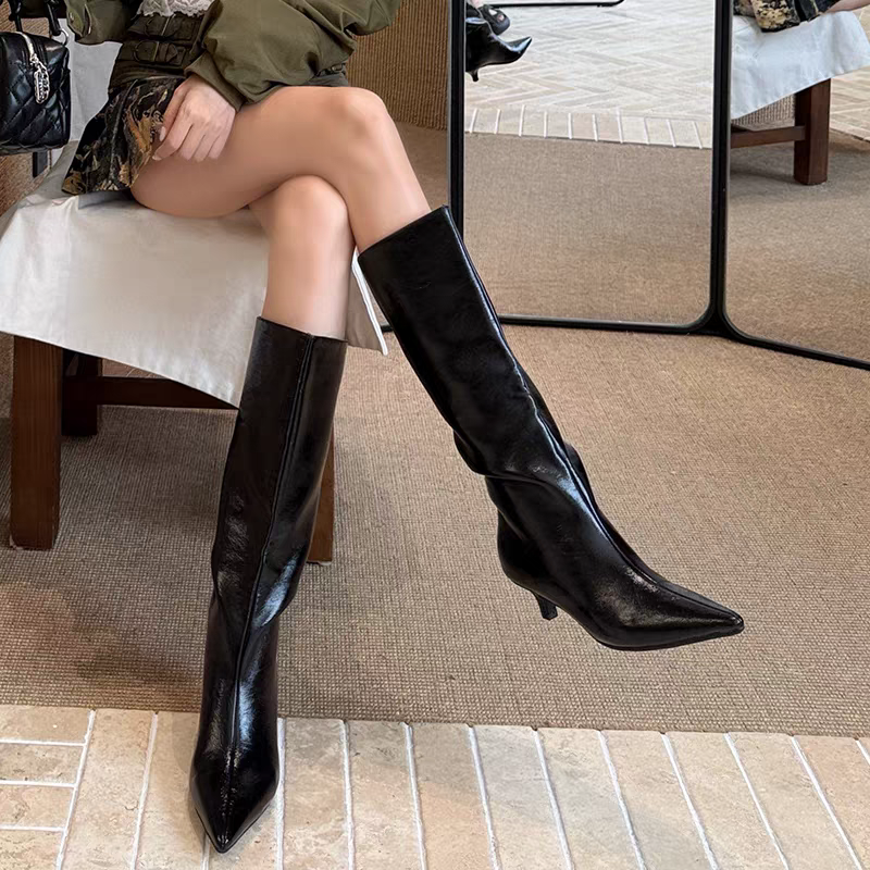 素面復古尖頭高跟靴 長靴 女靴 高筒靴 瘦瘦靴 韓版不及膝長靴 粗跟尖頭靴 騎士靴 高跟高筒靴 膝下靴 G4912-細節圖9