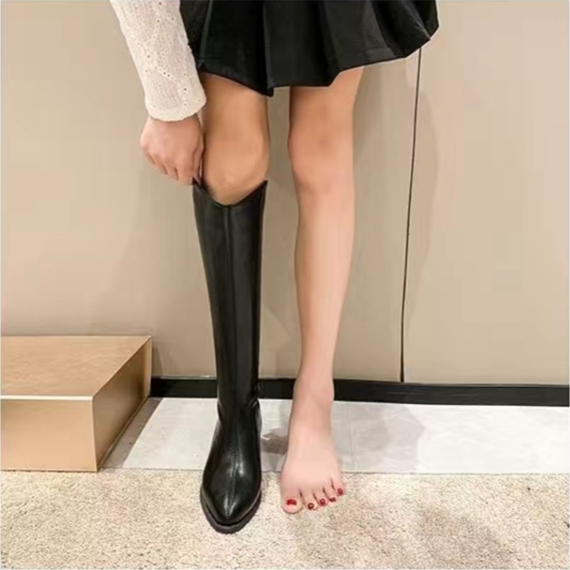 大尺碼36-43 顯瘦V口素面後拉鍊長靴 中筒靴 圓頭靴 靴子女 女靴 靴子 長靴女 膝下靴 皮靴 高筒靴 D9449-細節圖2