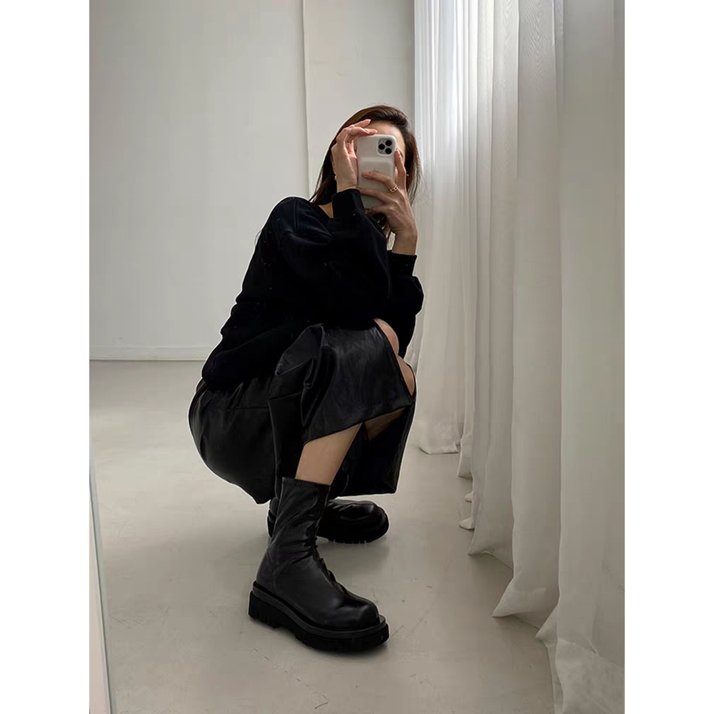 大尺碼42 厚底瘦瘦靴 切爾西靴 厚底靴 中筒靴 煙管靴 短靴 靴子厚底鞋  切爾西靴 粗跟中筒機車靴 韓國靴G4525-細節圖4