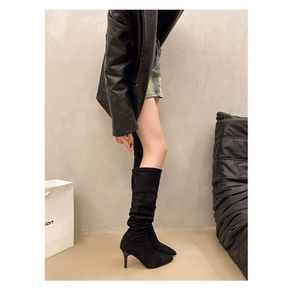 大尺碼36-42 高跟絨面尖頭長靴 過膝長靴 不掉筒 及膝靴 高筒靴 膝上靴 女靴 高跟長靴 高跟過膝長靴 G3782-細節圖3