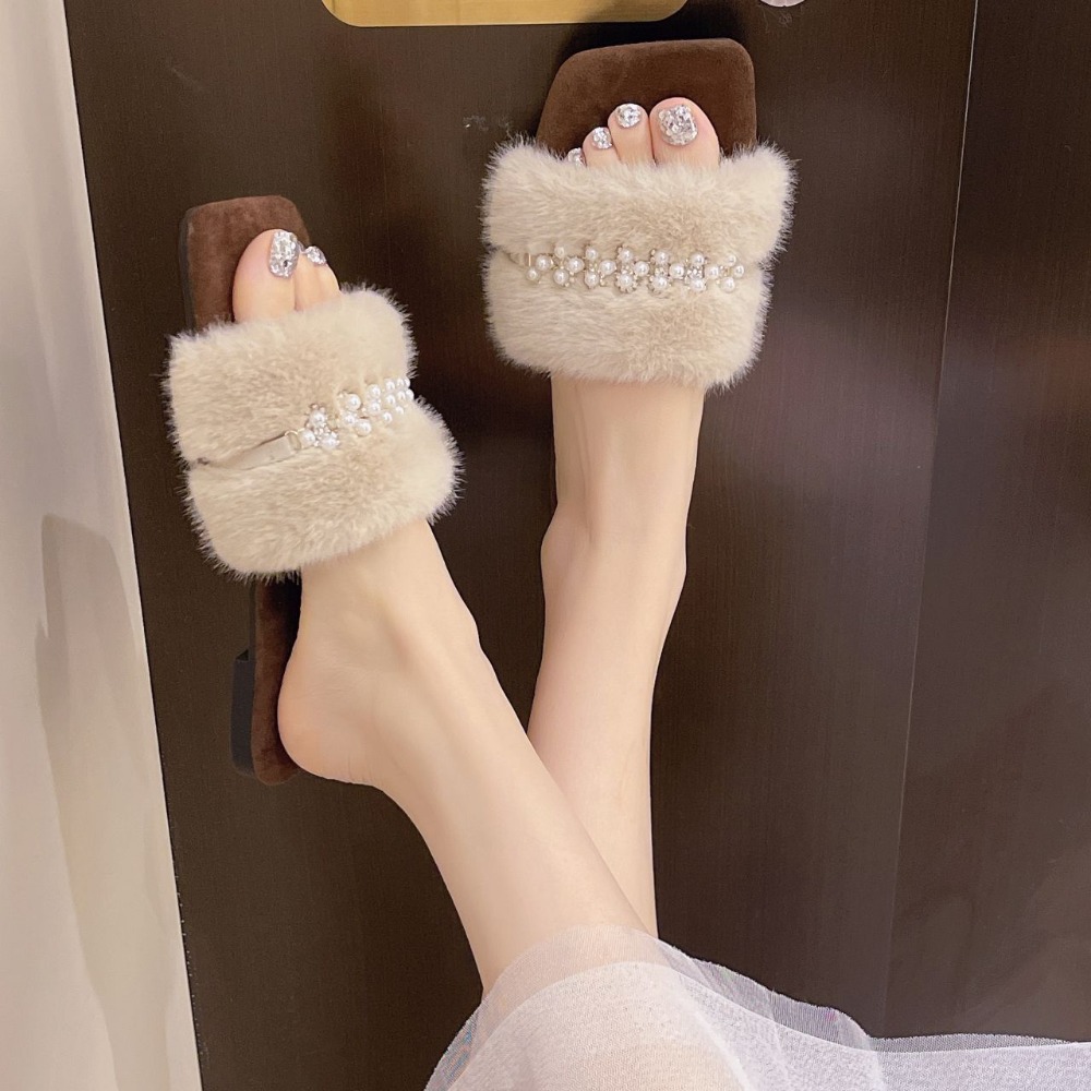 水鑽珍珠毛毛拖鞋 毛毛拖 毛絨拖鞋 毛茸茸拖鞋 平底拖鞋 女拖鞋外出 氣質女生拖鞋 室內拖鞋 保暖拖鞋 冬天拖鞋2115-細節圖5