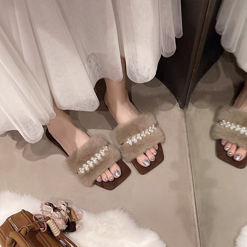 水鑽珍珠毛毛拖鞋 毛毛拖 毛絨拖鞋 毛茸茸拖鞋 平底拖鞋 女拖鞋外出 氣質女生拖鞋 室內拖鞋 保暖拖鞋 冬天拖鞋2115-細節圖6