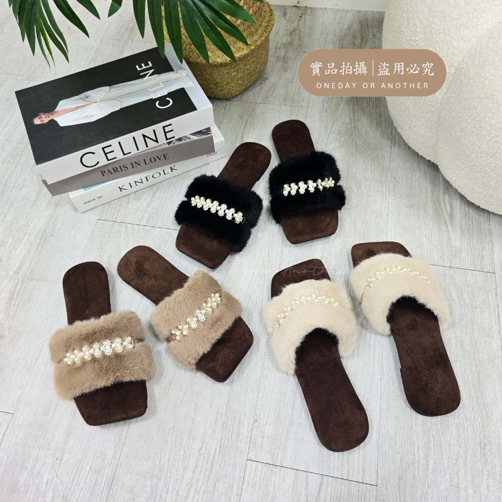 水鑽珍珠毛毛拖鞋 毛毛拖 毛絨拖鞋 毛茸茸拖鞋 平底拖鞋 女拖鞋外出 氣質女生拖鞋 室內拖鞋 保暖拖鞋 冬天拖鞋2115-細節圖8