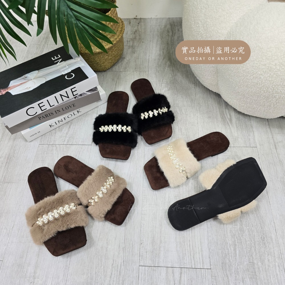 水鑽珍珠毛毛拖鞋 毛毛拖 毛絨拖鞋 毛茸茸拖鞋 平底拖鞋 女拖鞋外出 氣質女生拖鞋 室內拖鞋 保暖拖鞋 冬天拖鞋2115-細節圖9