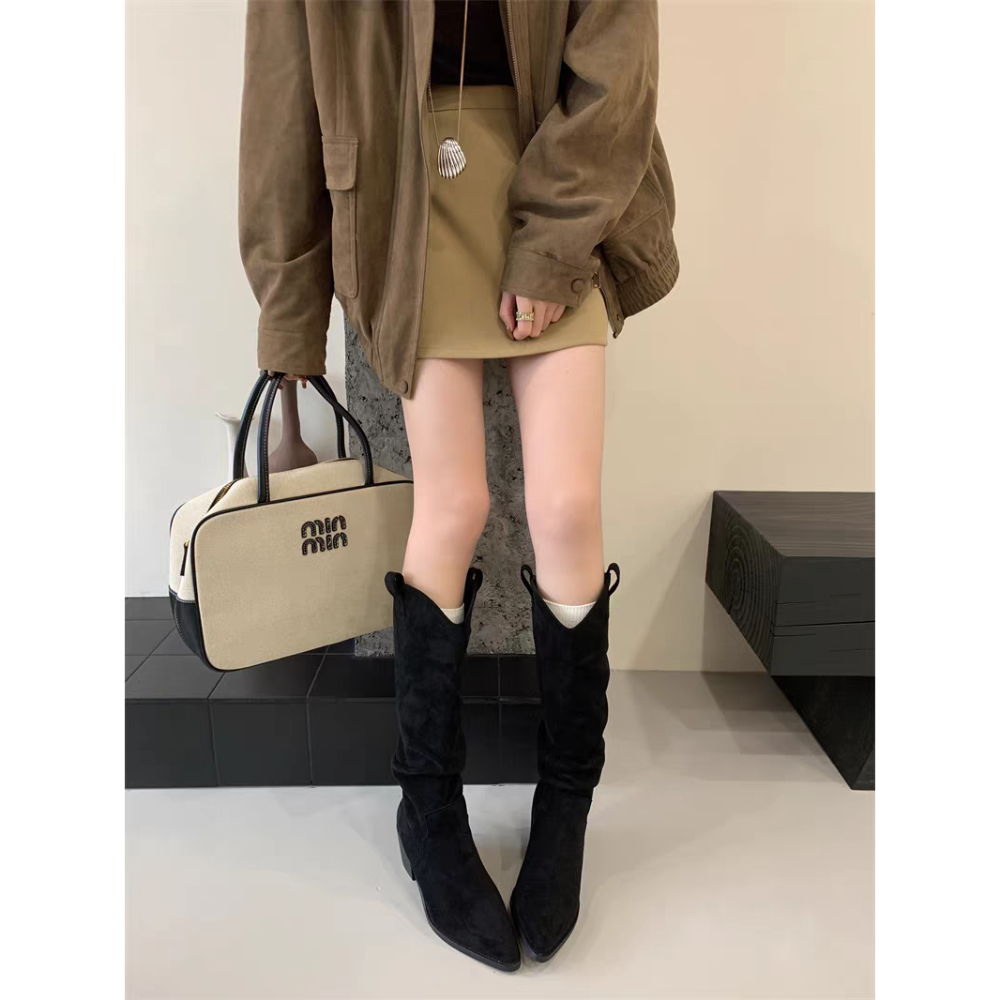 質感V口麂皮高跟堆堆靴 保暖內刷毛 中筒靴 尖頭靴 靴子女 女靴 靴子 長靴女 膝下靴 皮靴 高筒靴 9113A-細節圖2