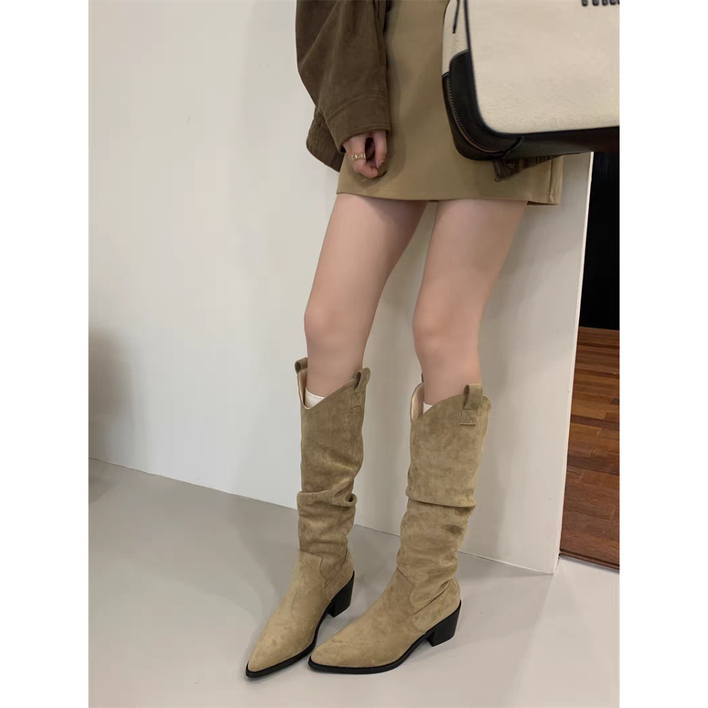 質感V口麂皮高跟堆堆靴 保暖內刷毛 中筒靴 尖頭靴 靴子女 女靴 靴子 長靴女 膝下靴 皮靴 高筒靴 9113A-細節圖7