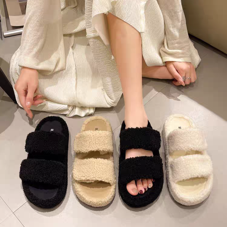 雙帶魔鬼氈毛毛拖鞋 毛毛拖鞋 厚底毛毛拖鞋 羔毛拖鞋 保暖拖鞋 居家拖鞋 厚底拖鞋 室內拖鞋 外出拖鞋 AC509-細節圖2