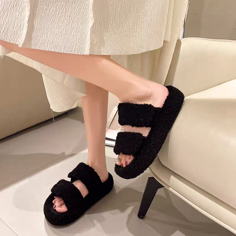 雙帶魔鬼氈毛毛拖鞋 毛毛拖鞋 厚底毛毛拖鞋 羔毛拖鞋 保暖拖鞋 居家拖鞋 厚底拖鞋 室內拖鞋 外出拖鞋 AC509-細節圖4