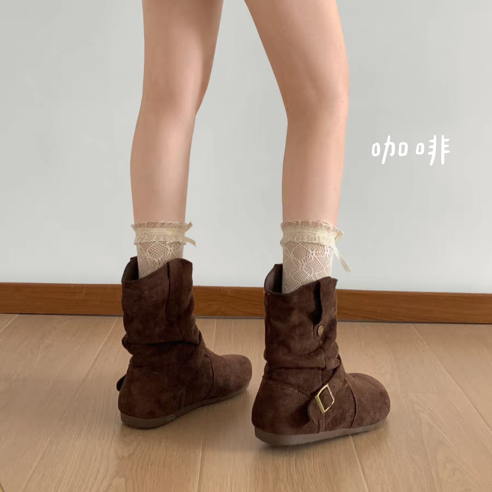 V口絨布抓皺一字帶厚底短靴 堆堆短靴 舒適軟底 超顯腿長 厚底短靴 女生短靴 圓頭厚底短靴 低筒靴 厚底低筒靴G7268-細節圖2