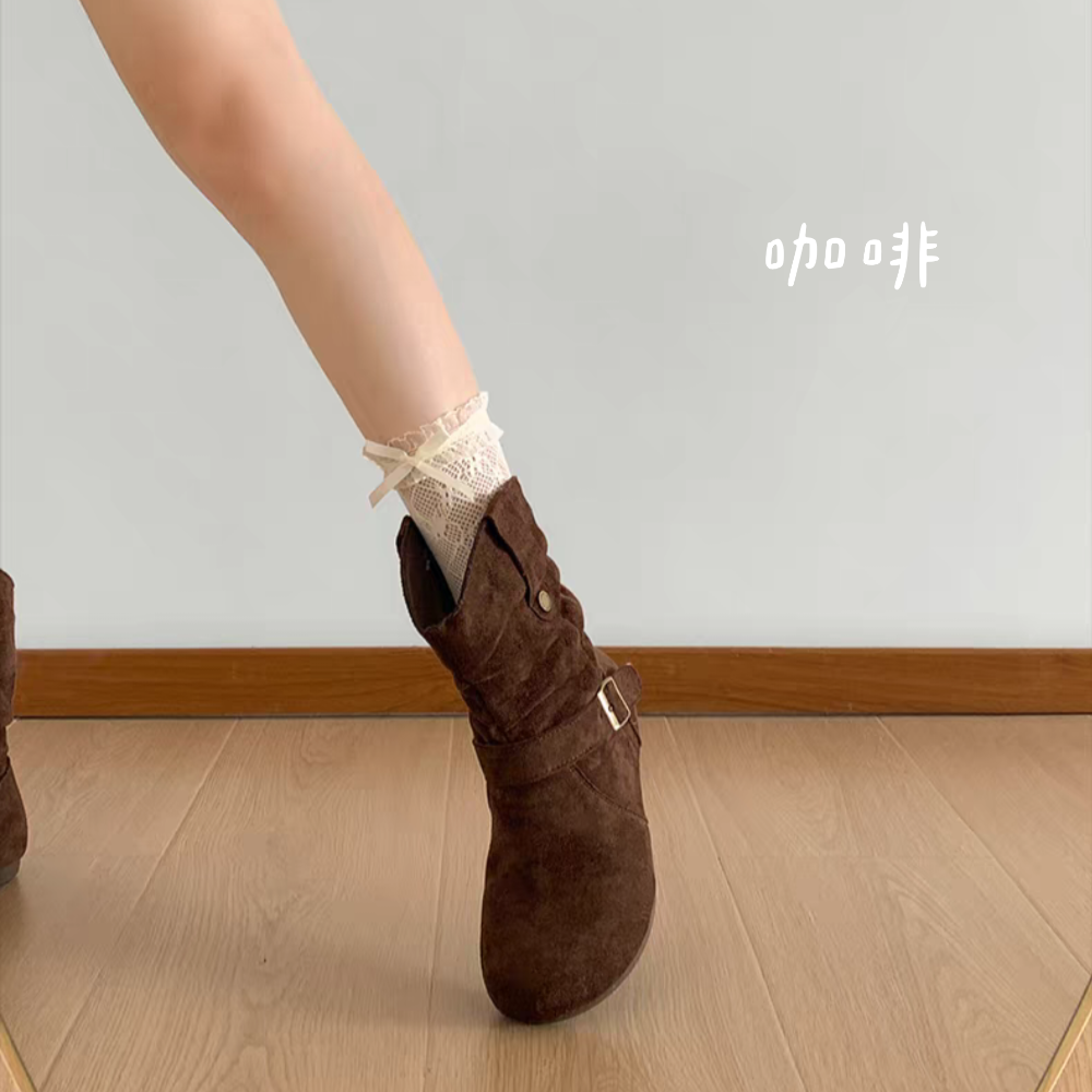 V口絨布抓皺一字帶厚底短靴 堆堆短靴 舒適軟底 超顯腿長 厚底短靴 女生短靴 圓頭厚底短靴 低筒靴 厚底低筒靴G7268-細節圖3