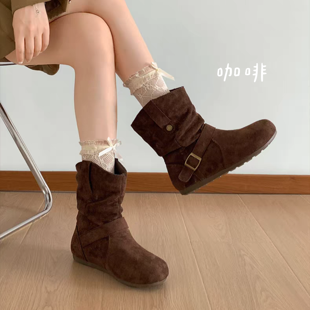 V口絨布抓皺一字帶厚底短靴 堆堆短靴 舒適軟底 超顯腿長 厚底短靴 女生短靴 圓頭厚底短靴 低筒靴 厚底低筒靴G7268-細節圖4