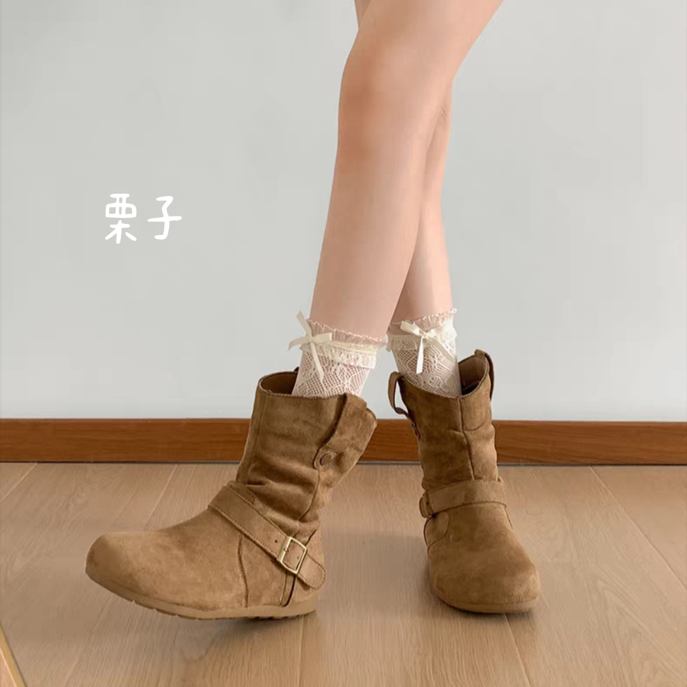 V口絨布抓皺一字帶厚底短靴 堆堆短靴 舒適軟底 超顯腿長 厚底短靴 女生短靴 圓頭厚底短靴 低筒靴 厚底低筒靴G7268-細節圖5