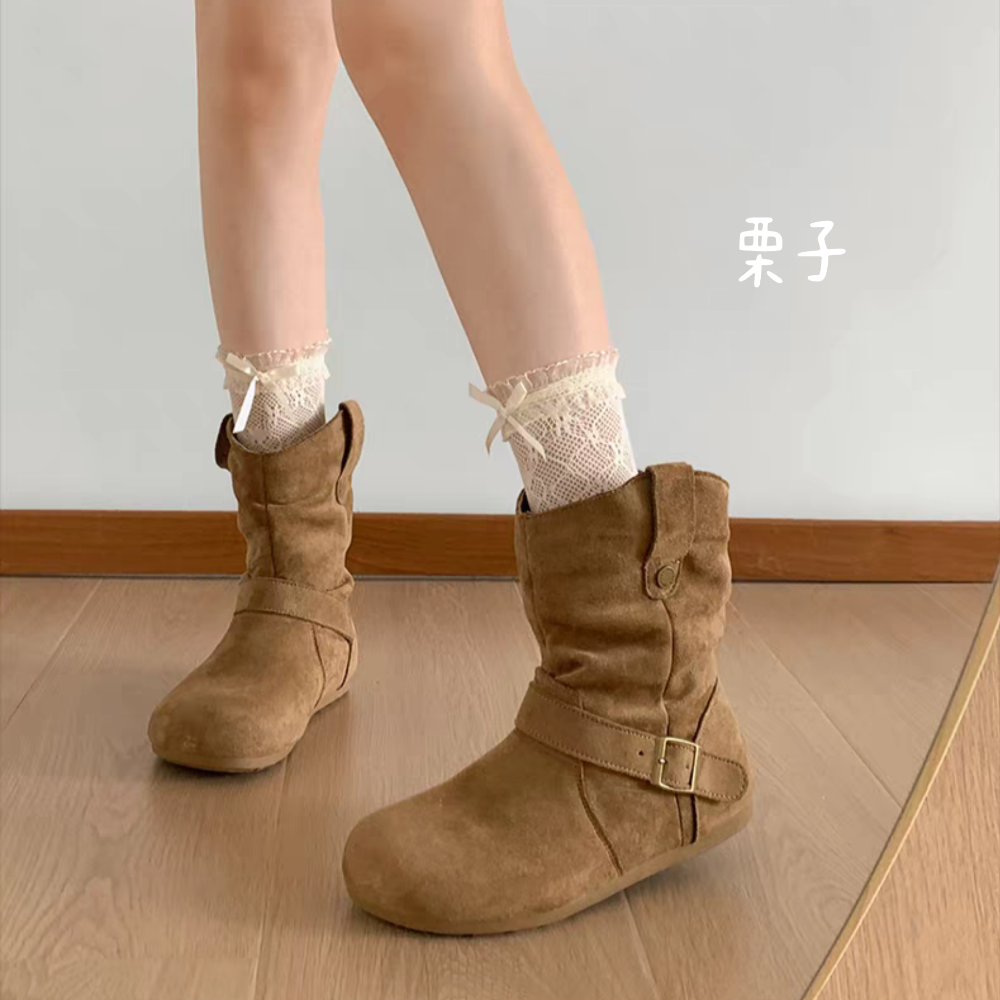 V口絨布抓皺一字帶厚底短靴 堆堆短靴 舒適軟底 超顯腿長 厚底短靴 女生短靴 圓頭厚底短靴 低筒靴 厚底低筒靴G7268-細節圖6