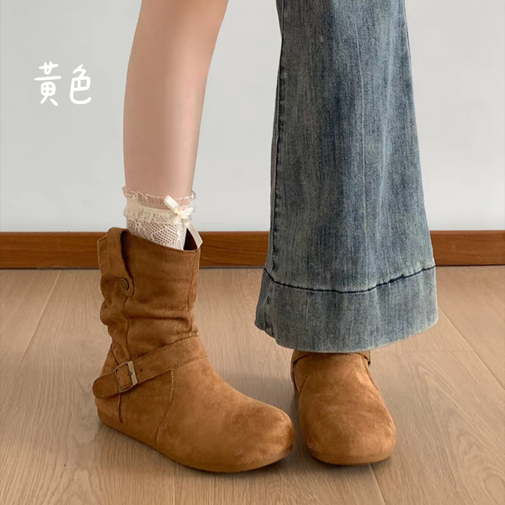 V口絨布抓皺一字帶厚底短靴 堆堆短靴 舒適軟底 超顯腿長 厚底短靴 女生短靴 圓頭厚底短靴 低筒靴 厚底低筒靴G7268-細節圖8