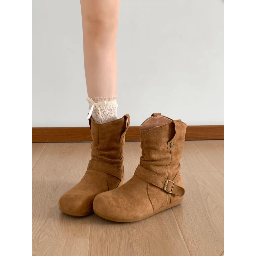 V口絨布抓皺一字帶厚底短靴 堆堆短靴 舒適軟底 超顯腿長 厚底短靴 女生短靴 圓頭厚底短靴 低筒靴 厚底低筒靴G7268-細節圖9