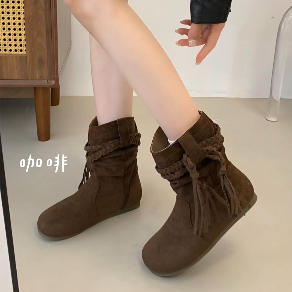 顯瘦V口麻花流蘇皺摺圓頭短靴 舒適保暖刷毛 女靴 短靴 厚底靴 短筒靴 厚底靴短子 增高靴 單靴 英倫風短靴 G2188-細節圖2