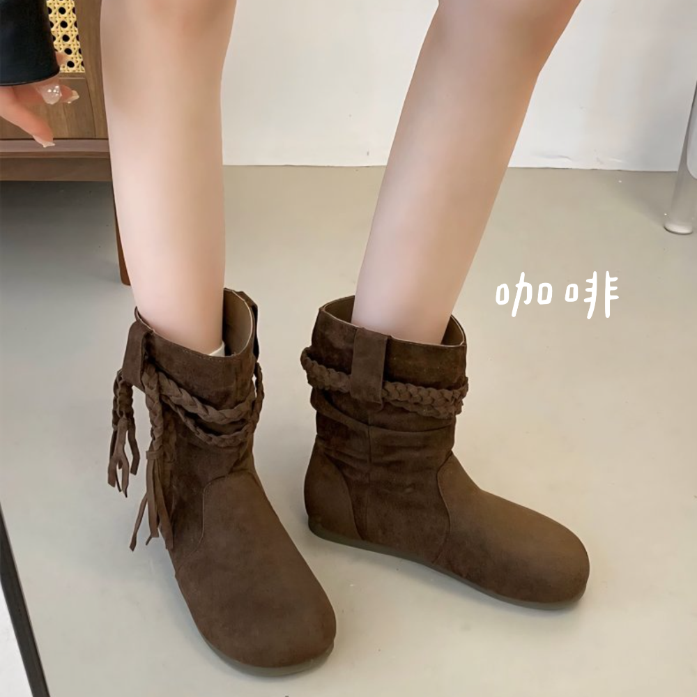 顯瘦V口麻花流蘇皺摺圓頭短靴 舒適保暖刷毛 女靴 短靴 厚底靴 短筒靴 厚底靴短子 增高靴 單靴 英倫風短靴 G2188-細節圖3