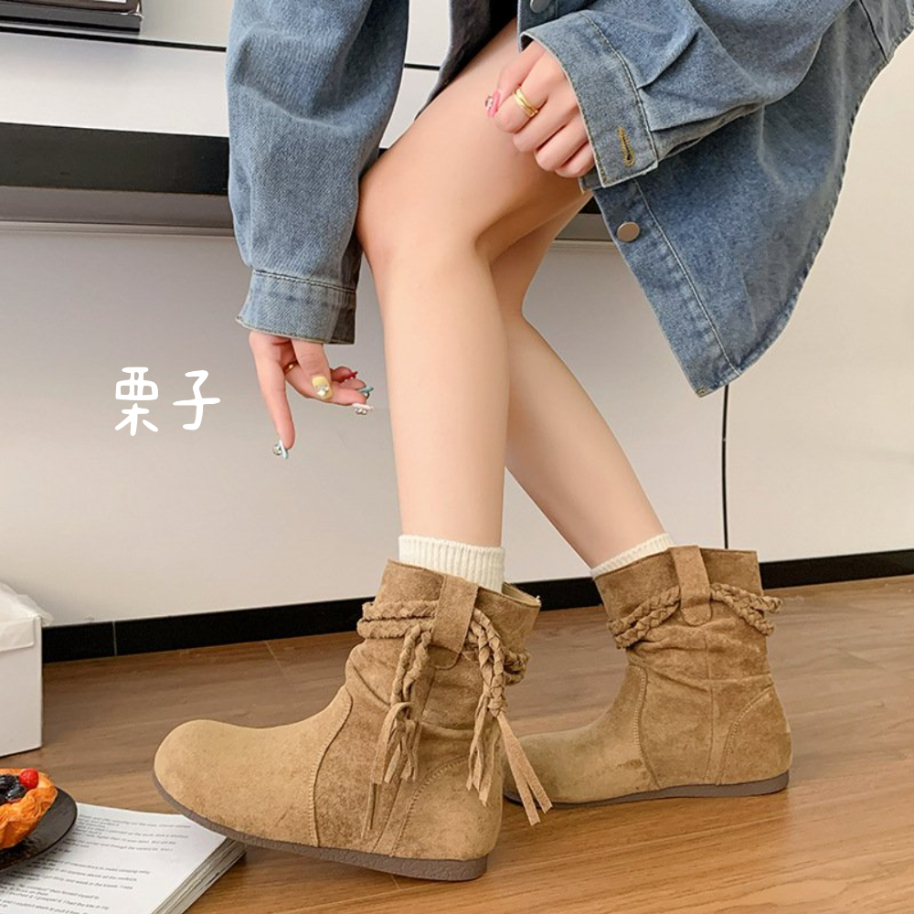 顯瘦V口麻花流蘇皺摺圓頭短靴 舒適保暖刷毛 女靴 短靴 厚底靴 短筒靴 厚底靴短子 增高靴 單靴 英倫風短靴 G2188-細節圖5