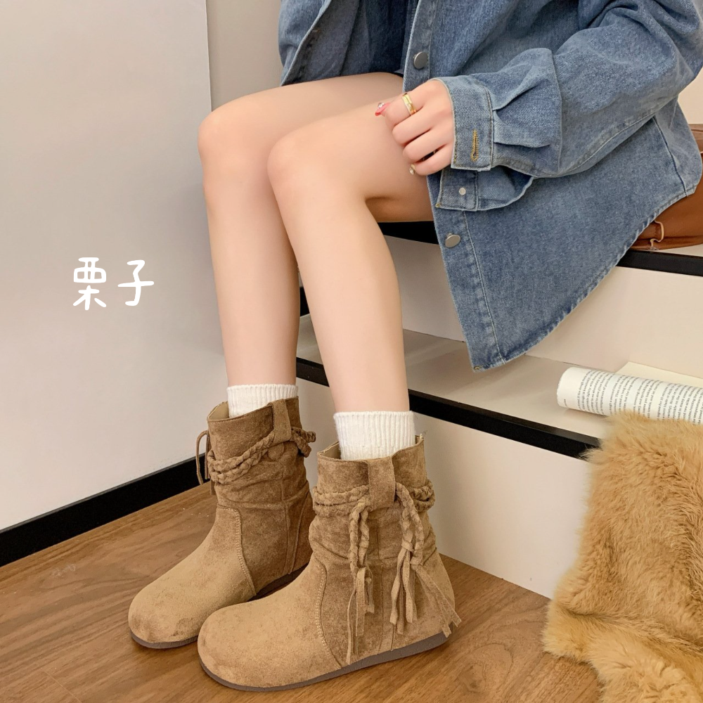 顯瘦V口麻花流蘇皺摺圓頭短靴 舒適保暖刷毛 女靴 短靴 厚底靴 短筒靴 厚底靴短子 增高靴 單靴 英倫風短靴 G2188-細節圖6