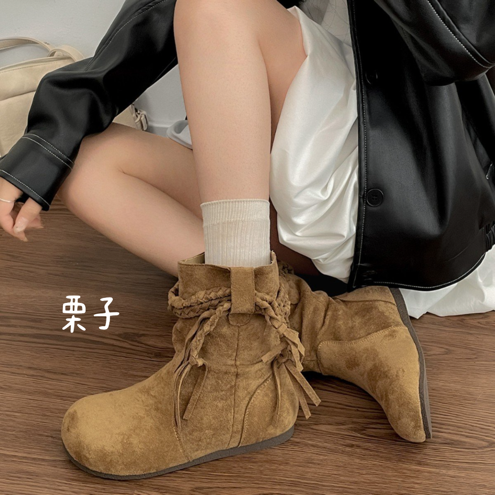 顯瘦V口麻花流蘇皺摺圓頭短靴 舒適保暖刷毛 女靴 短靴 厚底靴 短筒靴 厚底靴短子 增高靴 單靴 英倫風短靴 G2188-細節圖7