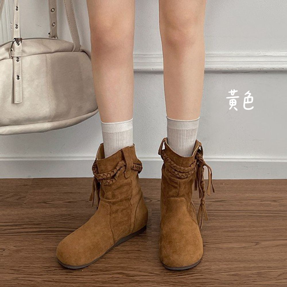 顯瘦V口麻花流蘇皺摺圓頭短靴 舒適保暖刷毛 女靴 短靴 厚底靴 短筒靴 厚底靴短子 增高靴 單靴 英倫風短靴 G2188-細節圖11