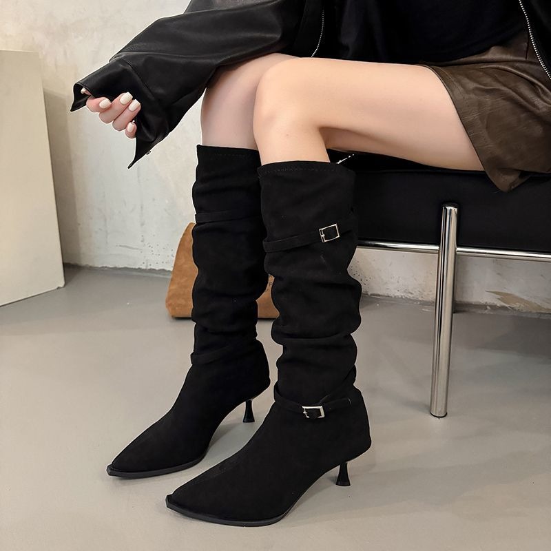 高跟絨面尖頭長靴 套腳 長筒靴 高筒 粗跟 尖頭長靴 韓國靴 切爾西靴 長靴 粗跟馬靴 韓國長靴 韓版長靴 929-11-細節圖2