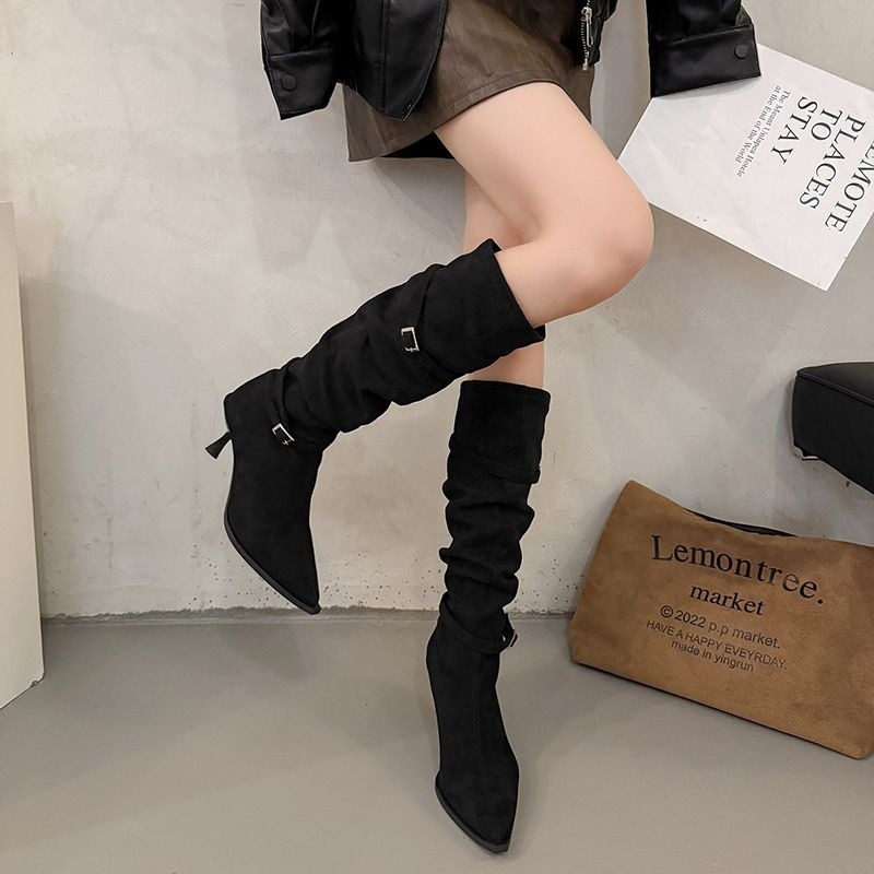 高跟絨面尖頭長靴 套腳 長筒靴 高筒 粗跟 尖頭長靴 韓國靴 切爾西靴 長靴 粗跟馬靴 韓國長靴 韓版長靴 929-11-細節圖4