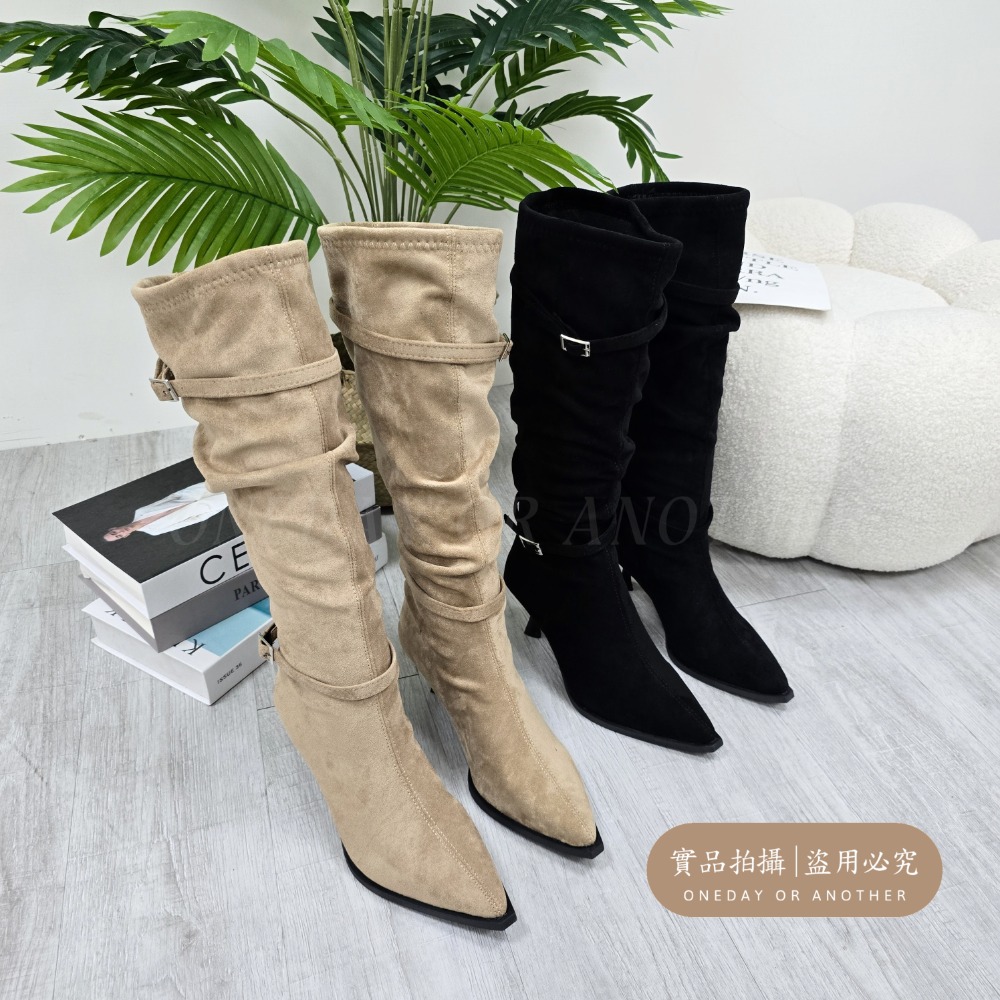 高跟絨面尖頭長靴 套腳 長筒靴 高筒 粗跟 尖頭長靴 韓國靴 切爾西靴 長靴 粗跟馬靴 韓國長靴 韓版長靴 929-11-細節圖8