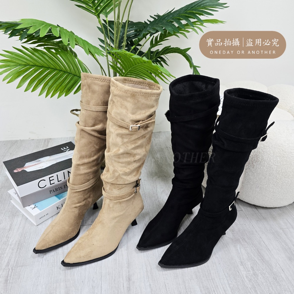 高跟絨面尖頭長靴 套腳 長筒靴 高筒 粗跟 尖頭長靴 韓國靴 切爾西靴 長靴 粗跟馬靴 韓國長靴 韓版長靴 929-11-細節圖9