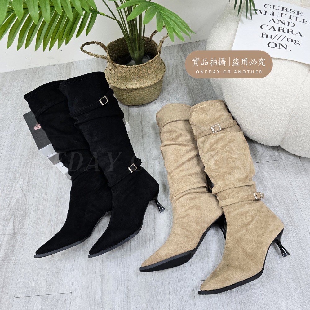 高跟絨面尖頭長靴 套腳 長筒靴 高筒 粗跟 尖頭長靴 韓國靴 切爾西靴 長靴 粗跟馬靴 韓國長靴 韓版長靴 929-11-細節圖10
