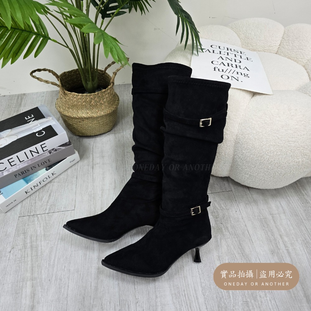 高跟絨面尖頭長靴 套腳 長筒靴 高筒 粗跟 尖頭長靴 韓國靴 切爾西靴 長靴 粗跟馬靴 韓國長靴 韓版長靴 929-11-規格圖11