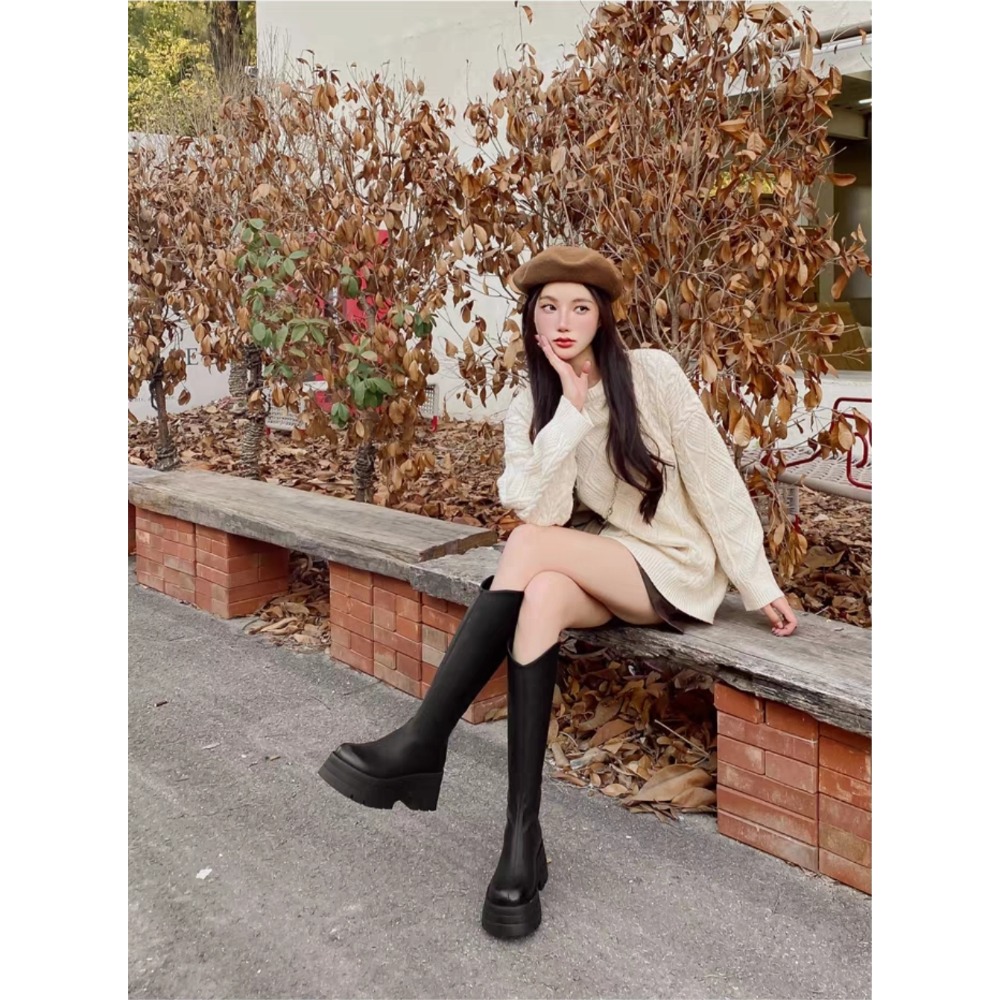 V口後拉鍊厚底長靴 中筒靴 方頭靴 靴子女 女靴 靴子 長靴女 膝下靴 皮靴 高筒靴 馬丁靴 防潑水長靴 G2886-細節圖2