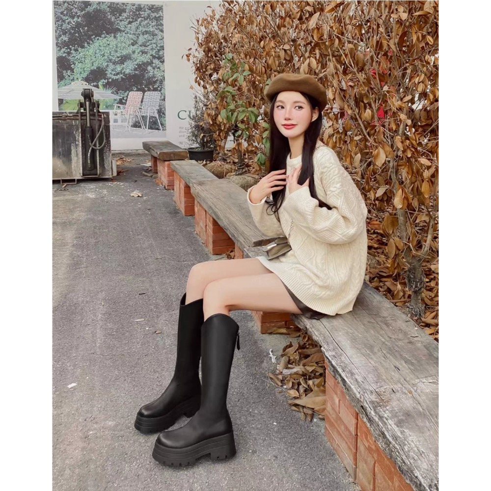 V口後拉鍊厚底長靴 中筒靴 方頭靴 靴子女 女靴 靴子 長靴女 膝下靴 皮靴 高筒靴 馬丁靴 防潑水長靴 G2886-細節圖4
